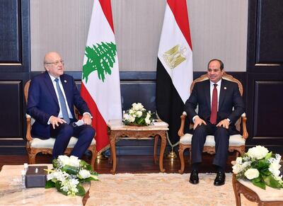 Egyptian President Abdel Fattah El Sisi and Lebanese Prime Minister Najib Mikati at the start of their talks in Monday in Egypt’s Red Sea resort of Sharm El Sheikh.  Photo: The Arab Republic of Egypt Presidency