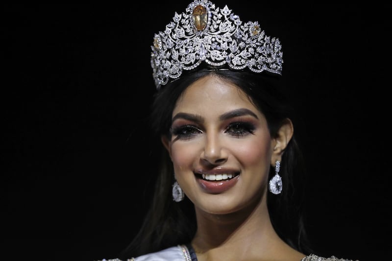 Miss Universe 2021, Harnaaz Sandhu of India, wearing the Power of Unity crown crafted by Lebanese jeweller Mouawad. EPA