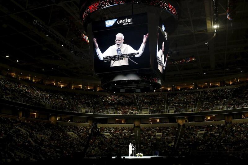 Narendra Modi addresses the crowd during a community reception at SAP Center in San Jose, California on September 27, 2015. Stephen Lam / Reuters