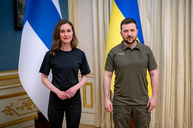 Ukrainian President Volodymyr Zelenskyy, right, meets with Finnish Prime Minister Sanna Marin in Kyiv, Ukraine. AP