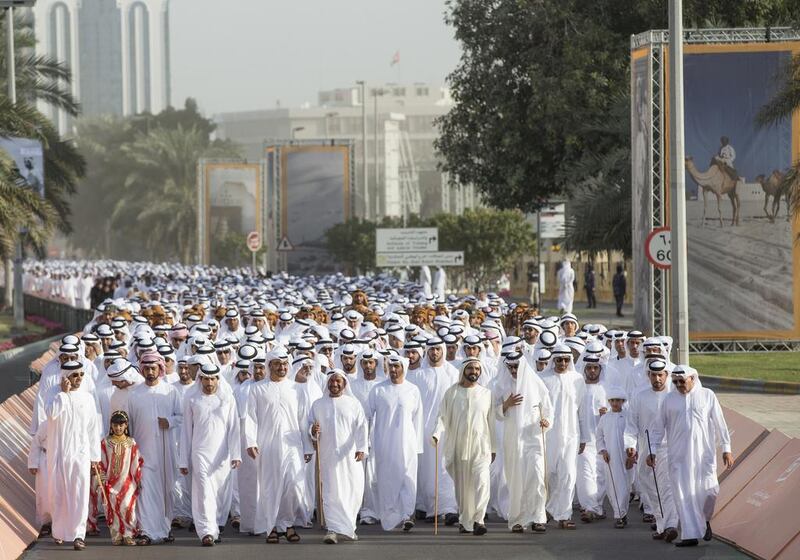 The Abu Dhabi Crown Prince, Sheikh Mohammed bin Rashid, Sheikh Hamdan, Sheikh Ammar and other Sheikhs and dignitaries lead the national parade from Al Manhal Palace to Qasr Al Hosn fort. Ryan Carter / Crown Prince Court - Abu Dhabi 