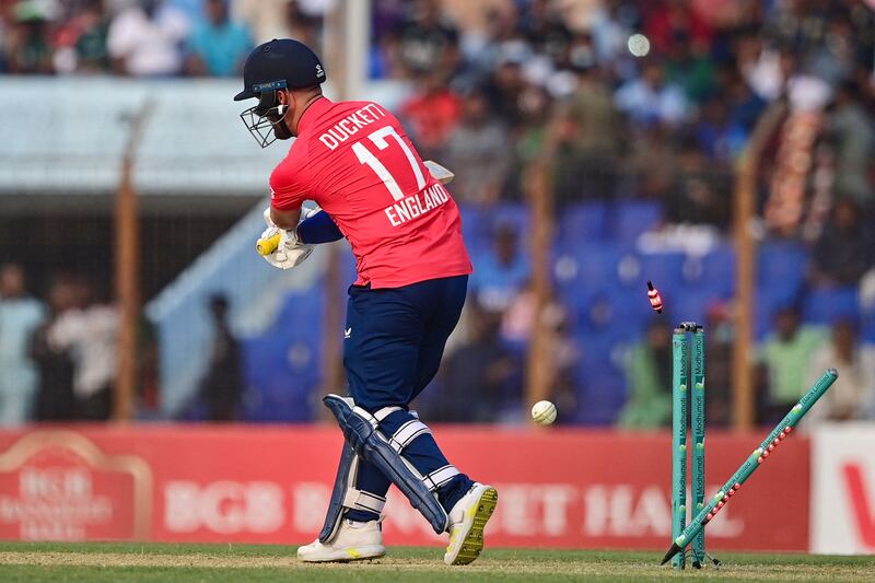 England batter Ben Duckett clean bowled by Bangladesh's Mustafizur Rahman for 20. AFP