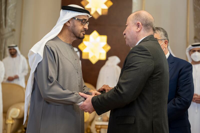 Aymen Benabderrahmane, Prime Minister of Algeria, with Sheikh Mohamed. Rashed Al Mansoori / Ministry of Presidential Affairs