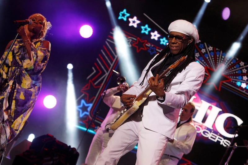 Singer/guitarist Nile Rodgers leads Chic through their hit-packed performance to 20,000 people at the Mawazine Festival in Rabat, Morocco, on Sunday. Youssef Boudlal / Reuters  