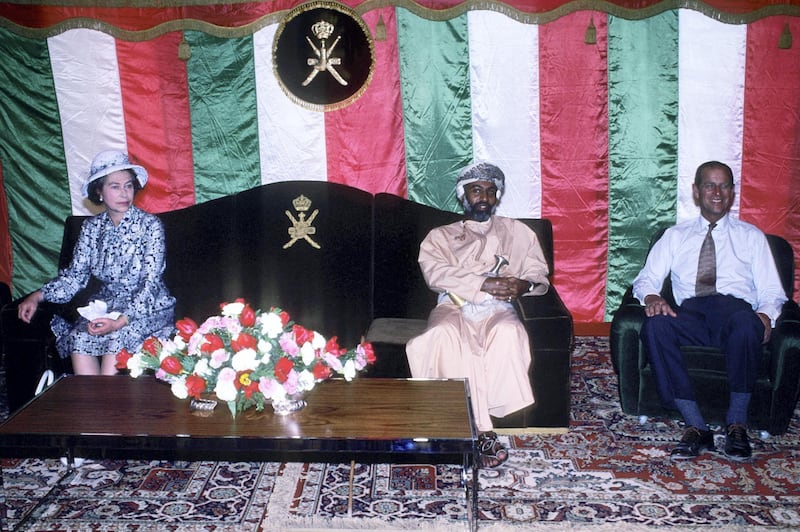 MUSCAT, OMAN - FEBRUARY 28: Queen Elizabeth ll and Prince Philip, Duke of Edinburgh sit with Sultan Qaboos during a visit to Oman in February 1979 in Muscat, Oman. (Photo by Anwar Hussein/Getty Images)