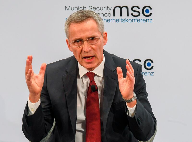 NATO Secretary General Jens Stoltenberg adresses the audience on the podium during the 56th Munich Security Conference (MSC) in Munich, southern Germany.  AFP