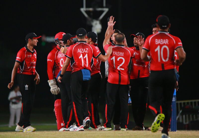 Hong Kong celebrate a wicket in the final match of the Asia Cup Qualifier against UAE in Muscat. Courtesy ACC