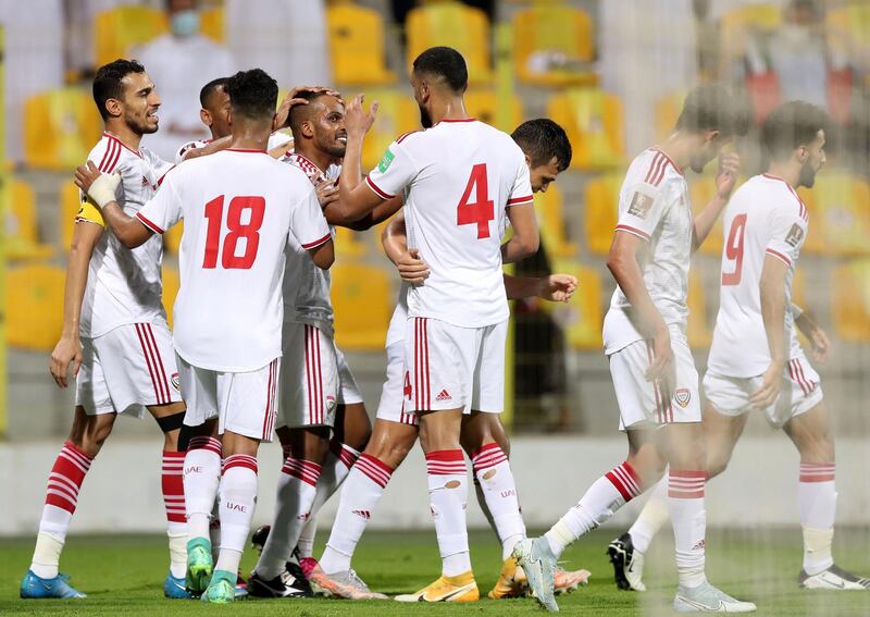 UAE's Mahmoud Khamis scores during the game between the UAE and Vietnam in the World cup qualifiers at the Zabeel Stadium, Dubai on June 15th, 2021. Chris Whiteoak / The National. 
Reporter: John McAuley for Sport