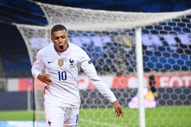 France's forward Kylian Mbappe celebrates scoring the opening goal during the UEFA Nations League football match between Sweden and France on September 5, 2020 at the Friends Arena in Solna, near Stockholm. / AFP / Jonathan NACKSTRAND