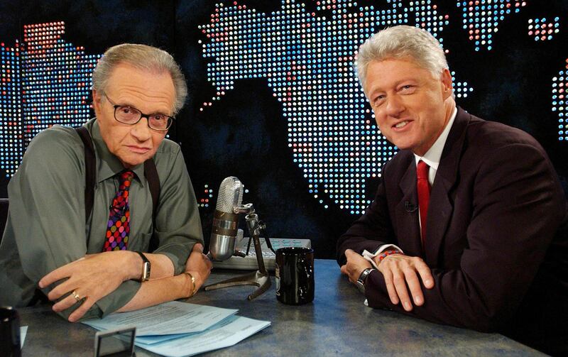 Former President Bill Clinton speaks with Larry King on CNN in New York on September 3, 2002, about the Families of Freedom Scholarship Fund. Reuters