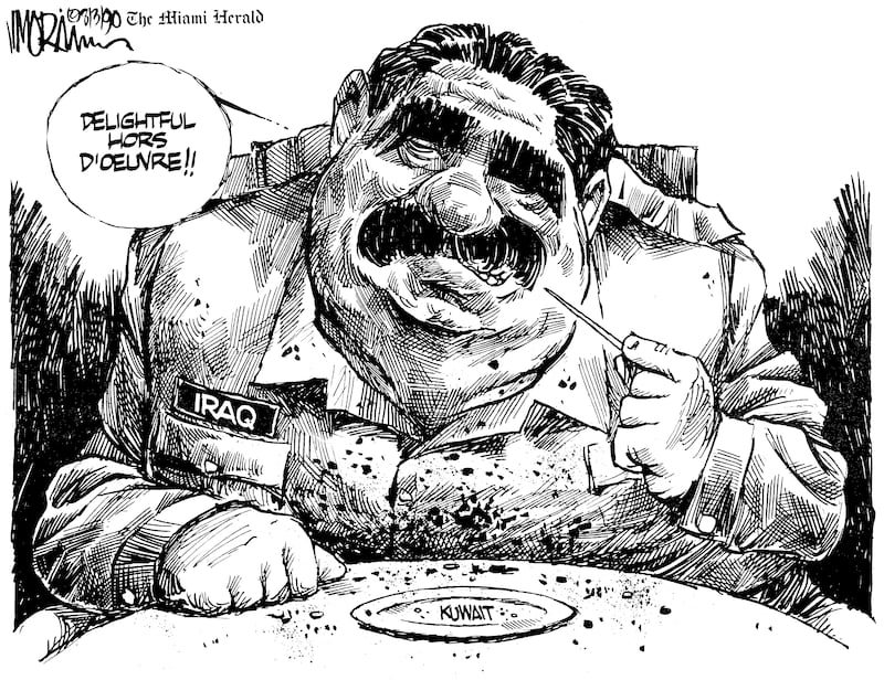 A cartoon depicts Saddam Hussein having devoured Kuwait in this image from 1990, when the Gulf War got under way.