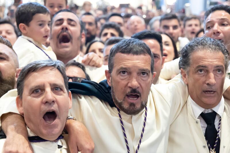 Antonio Banderas attends the Maria Santisima de Lagrimas y Favores procession at San Juan Bautista church during Holy Week celebrations in Malaga, Spain. Getty Images