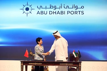 Sultan Ahmed Al Jaber, UAE Minister of State, shakes hands with Huang Lixin, executive cvice governor of Jiangsu provincial people’s government, at the signing ceremony for UAE-China industrial capacity cooperation in Abu Dhabi. Reuters