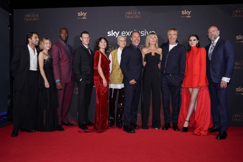 From left, Fabian Frankel, Milly Alcock, Steve Toussaint, Matt Smith, Olivia Cooke, Emma D'Arcy, Paddy Considine, Eve Best, Rhys Ifans, Emily Carey and Graham McTavish at the premiere of 'House of the Dragon' in London. Invision / AP