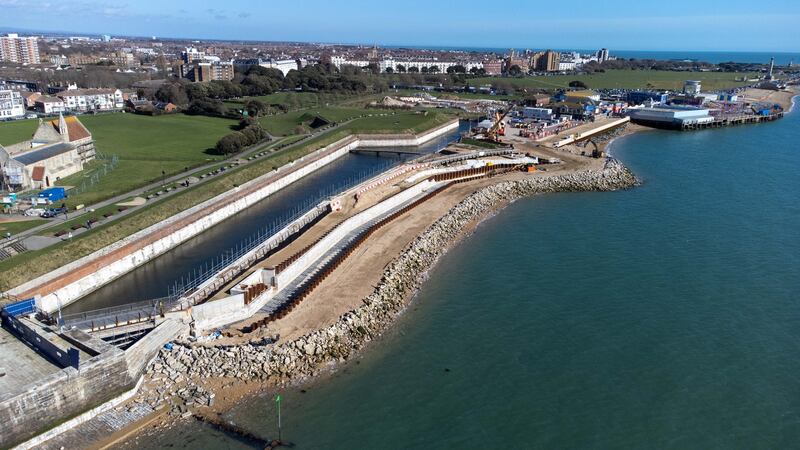 Sea defence work in the southern English resort of Southsea. Getty