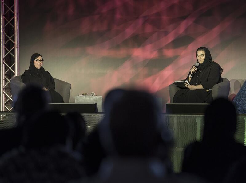 Maryam al Roumi (left) with moderator Salama Al Shamsi at the Multaqa talk about Sheikh Zayed’s mother, Sheikha Salama Bint Butti, and his wife, Sheikha Fatima bint Mubarak. Vidhyaa for The National 