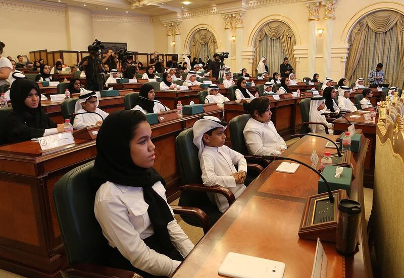 Students on September 1, 2016, from various schools participate in the Sharjah Children Council in Sharjah  .  Satish Kumar / The National 

