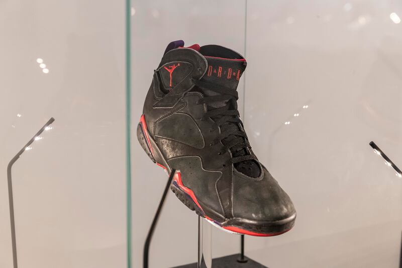 The sneaker was worn during the Chicago Bulls versus the Portland Trail Blazers in 1992