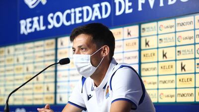 epa08637410 A handout photo made available by 
 Real Sociedad shows Spanish midfielder David Silva as he delivers a press conference during his presentation as a new player of the team, in San Sebastian, northern Spain, 31 August 2020.  EPA/-  HANDOUT EDITORIAL USE ONLY/NO SALES