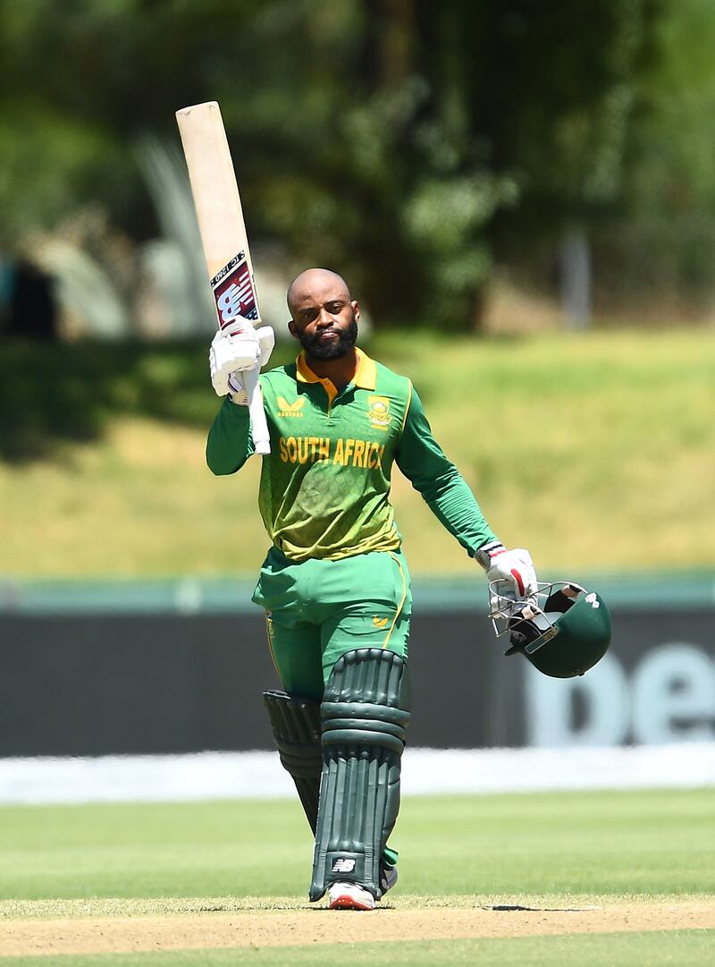 Temba Bavuma celebrates his century against India in Paarl. Getty