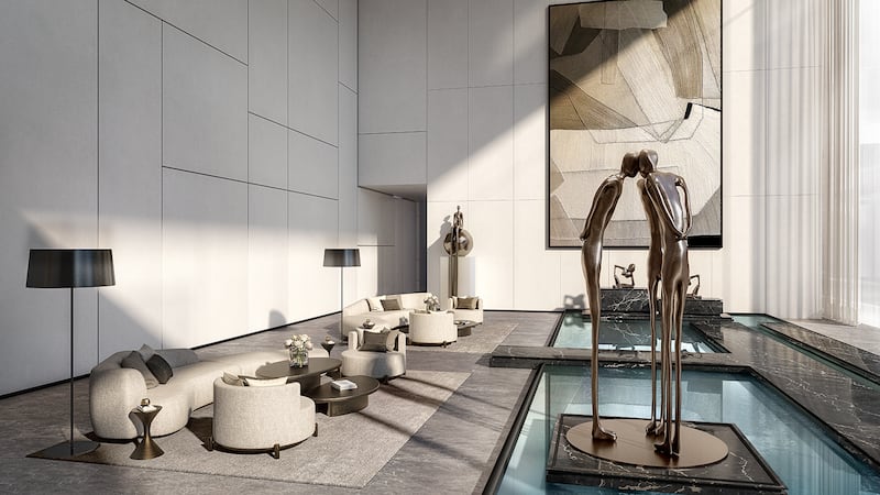 Another rendering of the lobby shows water features and sculpture.