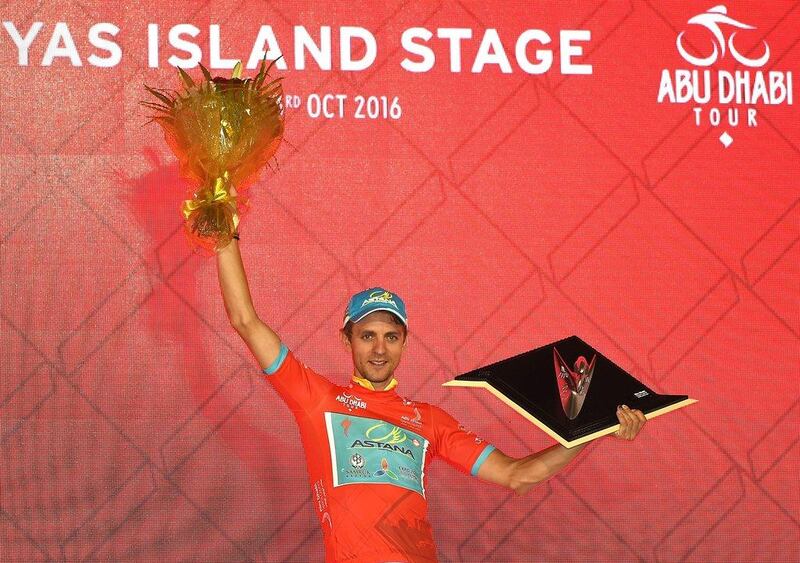 Tanel Kangert of Estonia and Team Astana celebrates winning the 2016 Abu Dhabi Tour. Tom Dulat / Getty Images