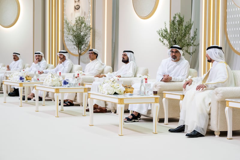 Sheikh Mohammed with Sheikh Mansour and Sheikh Khaled. The event was also attended by Sheikh Ahmed bin Saeed, president of Dubai Civil Aviation Authority and chairman and chief executive of Emirates airline and Group and Sheikh Mansour bin Mohammed, chairman of Dubai Sports Council, as well as ministers, senior officials, dignitaries and relatives. Photo: Abu Dhabi Media Office
