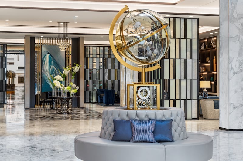 The lobby clock at Waldorf Astoria Kuwait is inspired by the original hotel in New York.