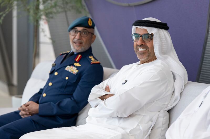 Sheikh Hamed bin Zayed and Maj Gen Essa Al Mazrouei, Chief of Staff of the Armed Forces, attend a homecoming reception Dr Al Neyadi. Photo: UAE Presidential Court