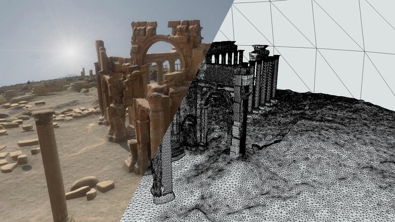 Split screen view of Palmyra's Arch De Triumph. Ark/c