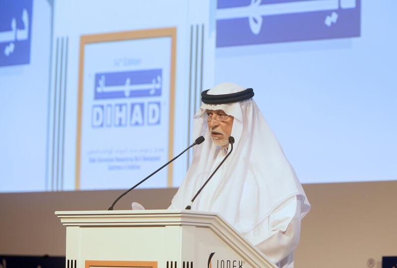 Ibrahim Bumelha, Sheikh Mohammed bin Rashid’s humanitarian adviser, addresses the Dubai International Humanitarian Aid and Development Conference (Dihad) on Tuesday. Jeffrey E Biteng / The National