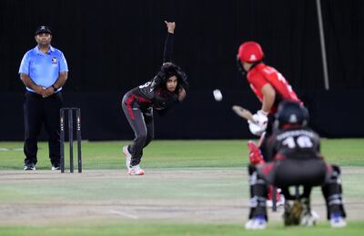 UAE bowler Samaira Dharnidharka took two wickets in two overs against Hong Kong. Pawan Singh / The National