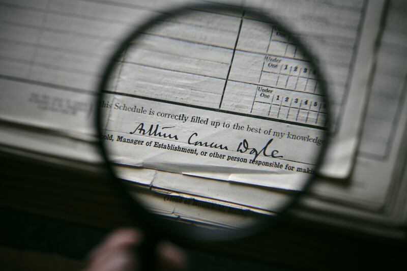 The signature of  author Arthur Conan Doyle, best known for writing the Sherlock Holmes books, on a census record. PA