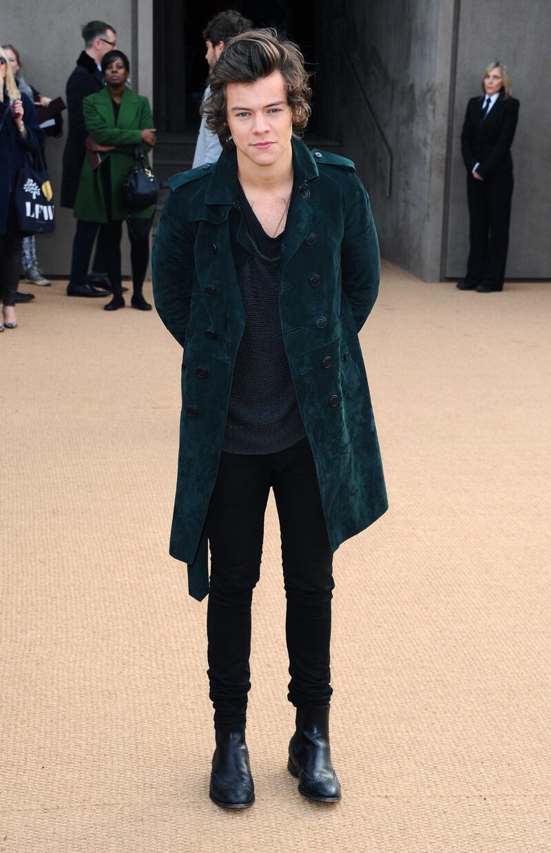 LONDON, ENGLAND - FEBRUARY 17:  Harry Styles attends the Burberry Prorsum show at London Fashion Week AW14 at Kensington Gardens on February 17, 2014 in London, England.  (Photo by Anthony Harvey/Getty Images)