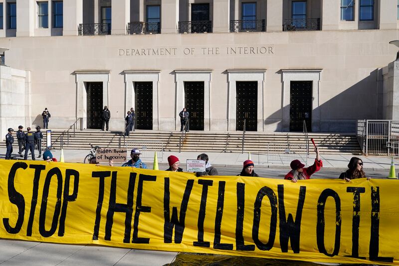 Demonstrators protest against the Biden administration's approval of the oil-drilling Willow Project outside the Department of the Interior in Washington. AP