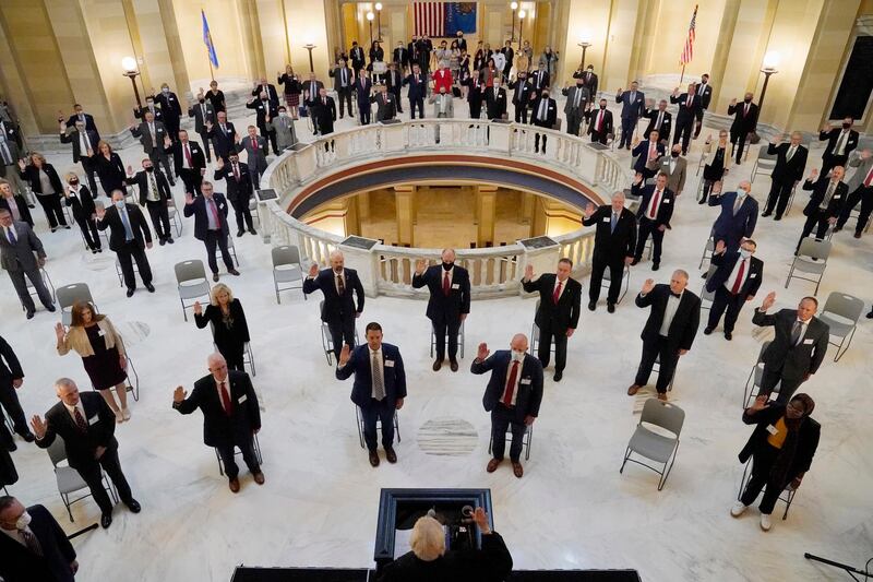 House members participate in a ceremonial swearing-in ceremony at the state Capitol in Oklahoma City, US. AP