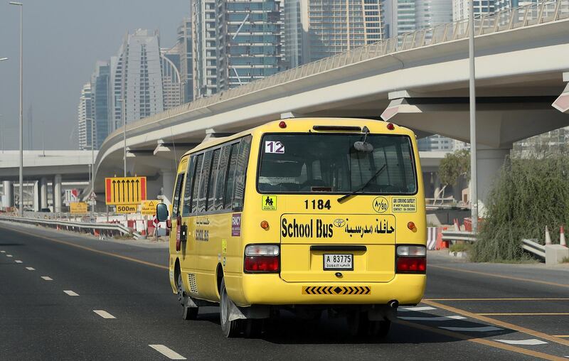 
DUBAI , UNITED ARAB EMIRATES , SEP 3  – 2017 :- One of the school bus on Sheikh Zayed road in Dubai. ( Pawan Singh / The National )
