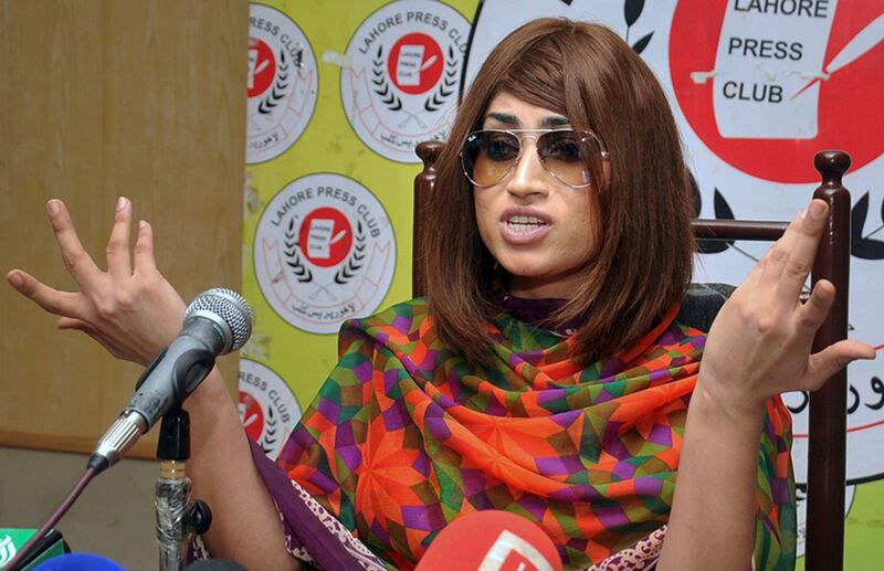 FILE - In this June 28, 2016, file photo, Pakistani social media star Qandeel Baloch speaks during a press conference in Lahore, Pakistan. A Pakistani court sentenced the brother of model Baloch to life in prison after finding him guilty of murdering her in 2016 but acquitted four other suspects, including a Muslim cleric. The decision was announced by a judge in the city of Multan on Friday, Sept. 27, 2019. (AP Photo/M. Jameel, File)