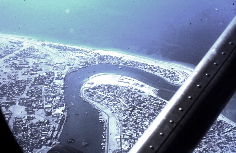 Dubai Creek, April 1968, taken from a Beaver en-route to Sir Bani Yas Island Taken while Neville was ÔmoonlightingÕ on an RAF Shackleton Ð he was with the British Army Air Corps in Sharjah. Handout photos by Nevile Ryton who served with the Britsih Army Air Corp. in Sharjah from 1967-1968. His photos show Abu Dhabi, Dubai, Ras Al Khaimah and Fujeirah.(Courtesy of Nevile Ryton) for Colin Simpson story