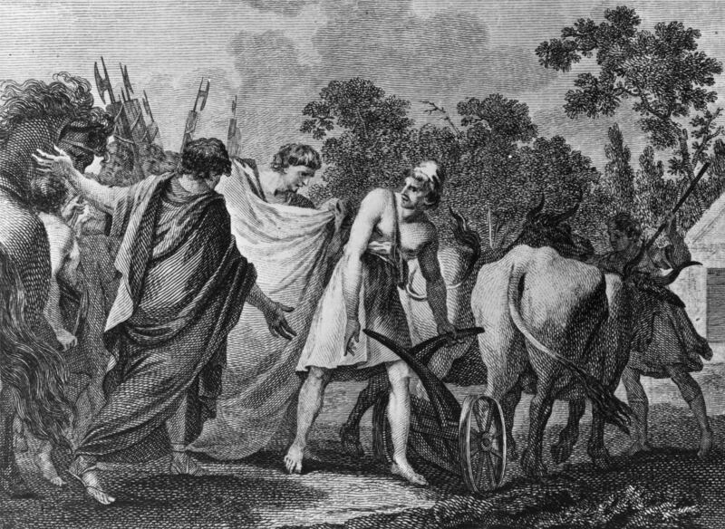 An engraving of Roman statesman Lucius Quinctus Cincinnatus being informed of his new post of dictator of Rome. Getty