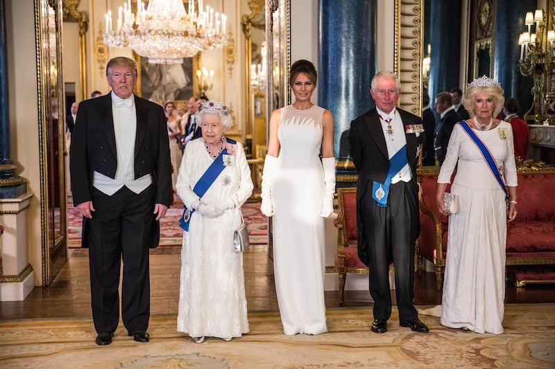 LONDON, ENGLAND - JUNE 03: (L-R) U.S. President Donald Trump, Queen Elizabeth II, First Lady Melania Trump, Prince Charles Prince of Wales and Camilla Duchess of Cornwall attend a State Banquet at Buckingham Palace on June 3, 2019 in London, England. President Trump's three-day state visit will include lunch with the Queen, and a State Banquet at Buckingham Palace, as well as business meetings with the Prime Minister and the Duke of York, before travelling to Portsmouth to mark the 75th anniversary of the D-Day landings.  (Photo by Jeff Gilbert - WPA Pool/Getty Images)