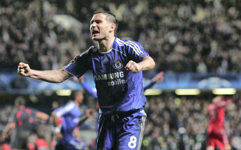 Chelsea's Frank Lampard celebrates scoring against Liverpool during the second leg of a UEFA Champions League semi-final game at Stamford Bridge in London, on April 30, 2008. AFP PHOTO/CARL DE SOUZA / AFP PHOTO / CARL DE SOUZA
