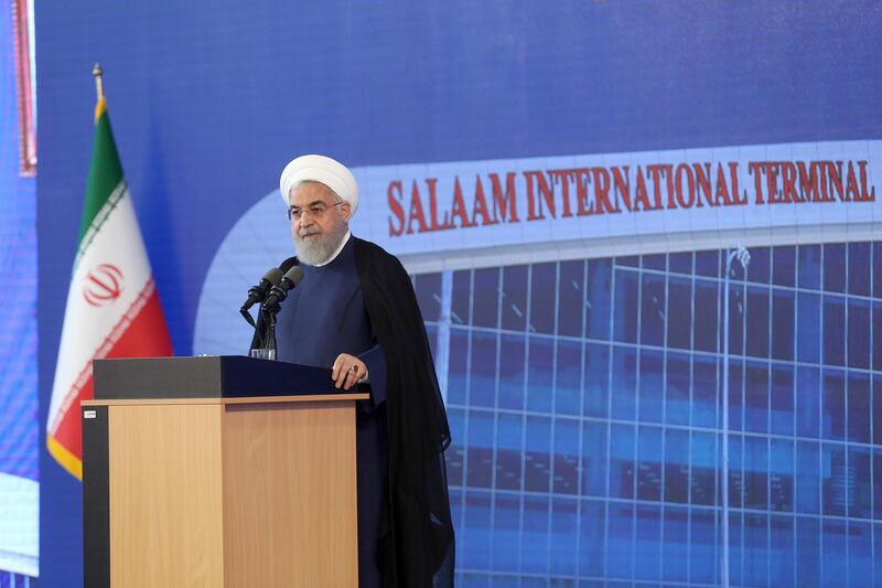 epa07655225 A handout photo made available by the Presidential Office shows Iranian president Hassan Rouhani speaks during the inauguration ceremony of a new terminal at the Iran international Imam Khomeini airport outside Tehran, Iran, 18 June 2019. Media reported that Rouhani said that Iran will be the winner of the wars against the enemies, referring to the tension between Iran and the US.  EPA/HO HANDOUT  HANDOUT EDITORIAL USE ONLY/NO SALES
