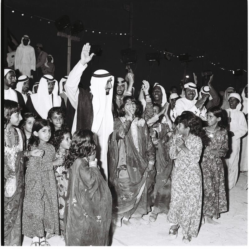 An image from the Itihad archive. Courtesy Al Itihad.
Abu Dhabi, UAE. 1975. Sheikh Zayed celebrating Eid with locals.
 *** Local Caption ***  000025.JPG