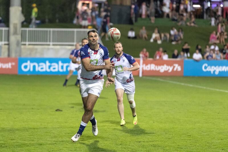 DUBAI, UNITED ARAB EMIRATES. 29 NOVEMBER 2018. Rugby Sevens Tournament. Mike Phillips of the Jebel Ali Dragons second team. (Photo: Antonie Robertson/The National) Journalist: Paul Radley. Section: Sport.