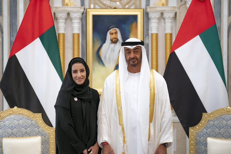 ABU DHABI, UNITED ARAB EMIRATES - March 10, 2019: HH Sheikh Mohamed bin Zayed Al Nahyan, Crown Prince of Abu Dhabi and Deputy Supreme Commander of the UAE Armed Forces (R), stands for a photograph with HE Sara Awad Issa Musallam, Chairperson of the Department of Education and Knowledge and Abu Dhabi Executive Council Member (L), during the swearing-in ceremony for new members of the Abu Dhabi Executive Council, at the Presidential Palace.

( Ryan Carter for the Ministry of Presidential Affairs)
---