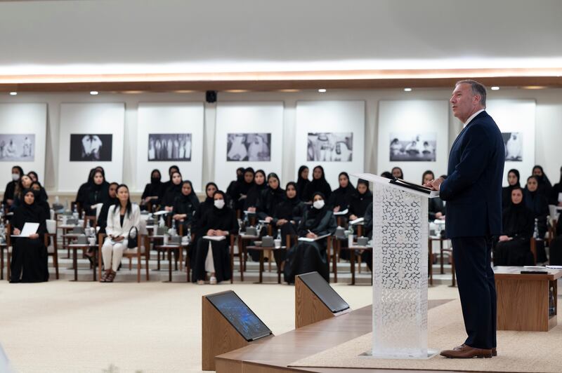 Mr Pompeo said he was highly impressed by the empowerment of women in the Emirates. 'Equality of men and women is the guiding principle of the UAE,' he said. Abdulla Al Neyadi / Ministry of Presidential Affairs