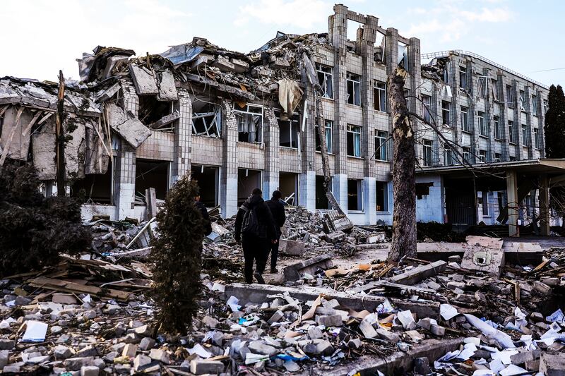 The destroyed main building of school number 25, after being bombed  in Zhytomyr. EPA