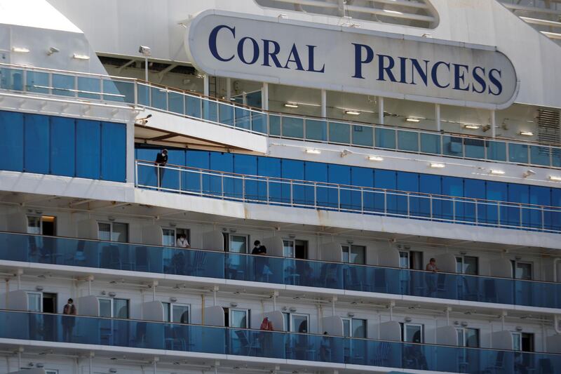 Passengers are seen aboard the Coral Princess ship, of Princess Cruises fleet, with patients affected by coronavirus disease (COVID-19), as it docks at Miami Port, in Miami, Florida, U.S. REUTERS