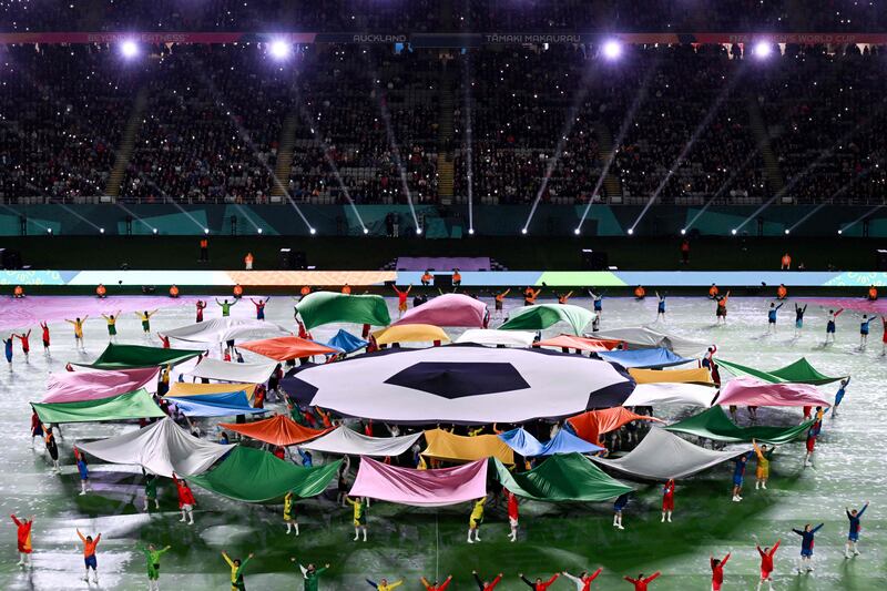 The official logo of the Australia and New Zealand 2023 Women's World Cup is displayed during the opening ceremony ahead of the Group A match between New Zealand and Norway at Eden Park in Auckland on July 20, 2023. AFP